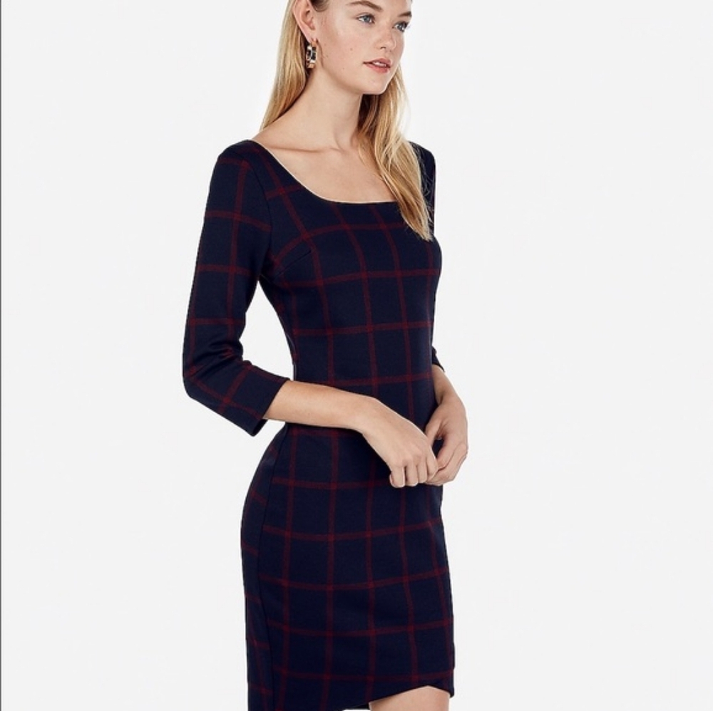 Express Blue and Red Sheath Midi Dress with Square Neck